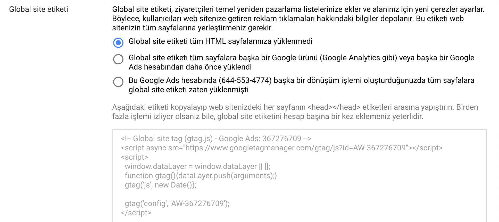 Google ADS Global Site Etiketini Web Sitenize Yükleyin